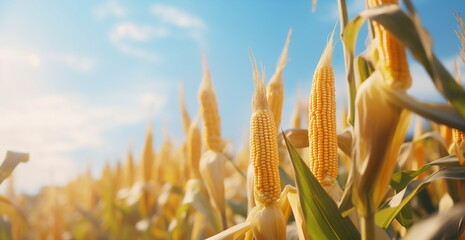 Corn field, close-up on the cob - obrazy, fototapety, plakaty