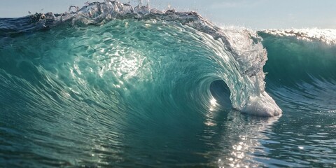 Surfing big wave in ocean. Blue ocean wave with big wave. - obrazy, fototapety, plakaty