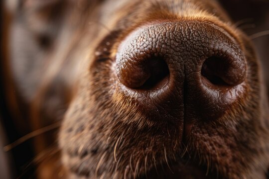 an endearing close-up of a chocolate brown dog's face, focusing particularly on its nose and eyes, which exude warmth and curiosity. The texture of the dog's nose and whiskers is highly detailed
