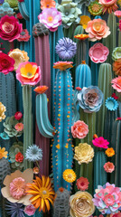 Obraz premium A vertical display of colorful paper flowers and cacti, great for vibrant Cinco de Mayo themed backgrounds or creative event invitations