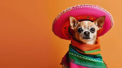 Fotobehang A small dog dressed in a vibrant Cinco de Mayo outfit with sombrero and serape, perfect for pet celebrations or Mexican-themed advertising. © Ярослава Малашкевич