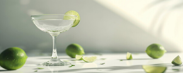 An elegant margarita glass with a lime wedge on a light background, excellent for Cinco de Mayo cocktail menu features or sophisticated social media posts