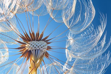 the intricate structure of a dandelion seed head against a clear blue sky. The fine, delicate seed parachutes radiate from the center, creating a striking pattern that's both fragile and strong