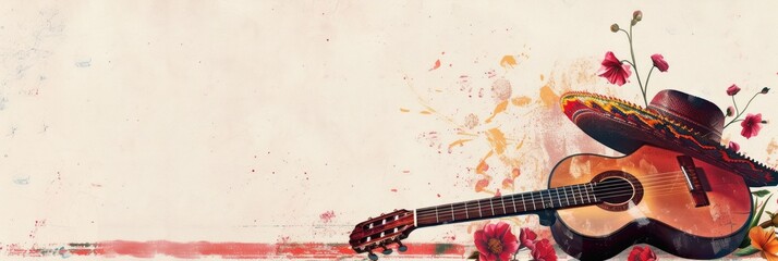 An artistically rendered still life featuring a guitar, sombrero, and Mexican serape, ideal for Cinco de Mayo promotions or music-related creative content.