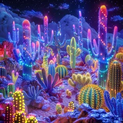 Behangcirkel Surreal desert at night, cacti and sands illuminated in bright, fluorescent colors, a fantasy landscape comes alive © weerasak