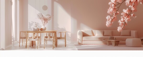 Panoramic of modern living room with sofa and dining table, light pink walls