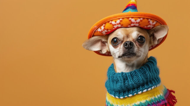 A Chihuahua in a festive costume including a sombrero and colorful knitted sweater, suitable for Cinco de Mayo festivities or pet fashion marketing