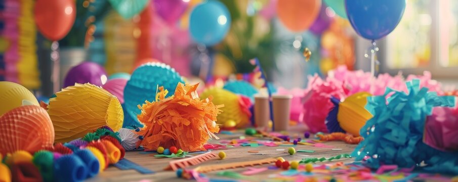 A lively party table with colorful piñata, balloons, and festive decorations, perfect for Cinco de Mayo celebrations or a themed party setting.