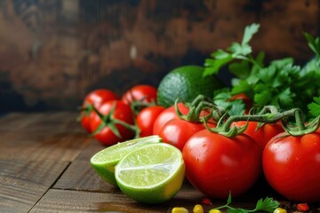 Fresh ingredients for Mexican cuisine including tomatoes, avocado, and lime on a rustic wooden background, great for recipe content or cooking classes.