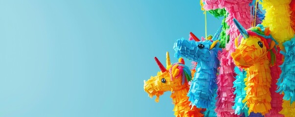 Colorful piñatas against a blue sky, representing fun and celebration, ideal for party supply ads or festive event invitations.