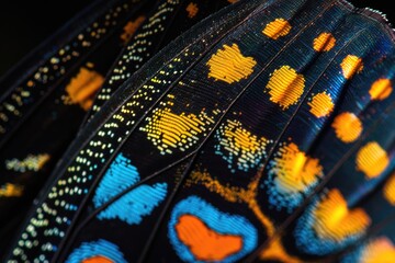 An extreme close-up of a butterfly's wing, showcasing an intricate pattern of vibrant dots in yellow, blue, and orange against a dark background, highlighting the delicate and complex structure