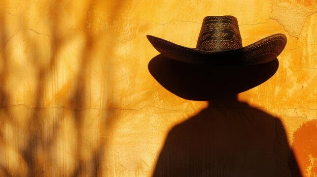 A sombrero's shadow cast on a textured wall, creating an evocative image suitable for cultural stories or traditional event promotion.