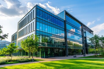 Fototapeta na wymiar Modern office building with glass facade, under the hot sun with a clear sky 
