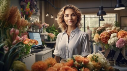 Obraz premium A florist girl, surrounded by an array of flowers, creates arrangements with confidence, bringing beauty and charm to her floral store.