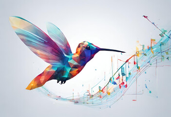 Harmonious data flow concept with Digital humming bird flying