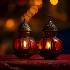 Two lamps with red background, diwali, generative ai