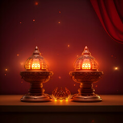Two lit lamps with red background diwali, generative ai