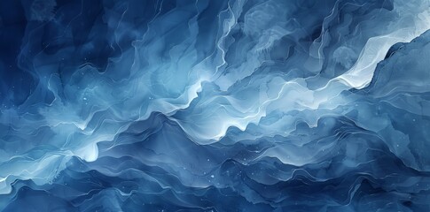 Blue and white waves create an abstract pattern in this background. The colors blend seamlessly, giving a dynamic and fluid appearance. - obrazy, fototapety, plakaty