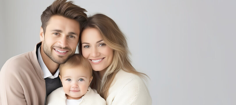 A Studio shot, Portrait happy young parents and kid , white background, Family day, father's day, mother's day