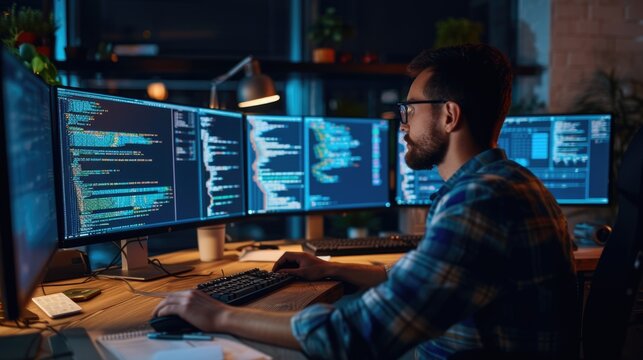 A software developer works on code late into the night, illuminated by the glow of multiple computer screens in a modern office. AIG41