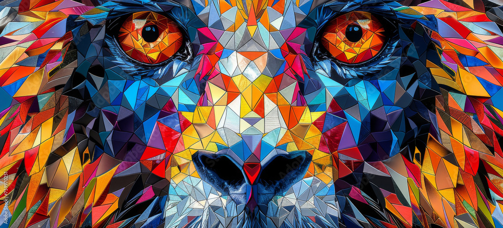Poster a colorful picture of a lion's face made up of many different colors of polygonics and shapes.