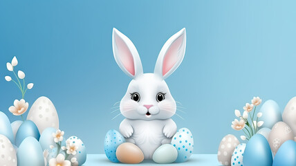 Naklejka na ściany i meble Rabbit with easter eggs against blue background for happy easter day