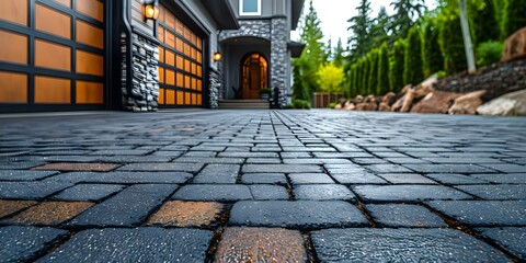 Protecting Driveway of New Home Construction with Brick Sealant. Concept Brick Sealant Application, Driveway Protection, New Home Construction, Preventing Damage, Enhancing Curb Appeal - obrazy, fototapety, plakaty