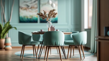 Modern dining table with mint colored chairs.home interior design generate ai