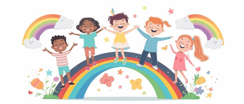 Group of smiling children on rainbow background generate ai