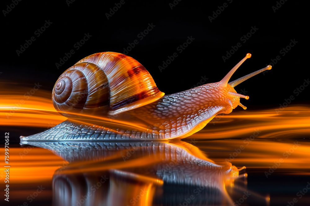 Poster snail in motion, with its shell glowing in the background. movement and energy, snail appears to be 