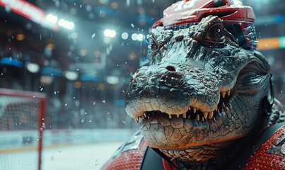 Professional crocodile ice hockey player portrait