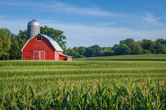 A red barn and silo standing among brightly colored cornfields. The concept of farming and peace, harmony with nature