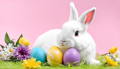 Happy easter. Eggs and rabbit on pink