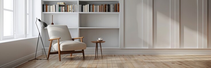 Minimalist living room with white walls and wooden floors, featuring an armchair on the left side near bookshelves.
