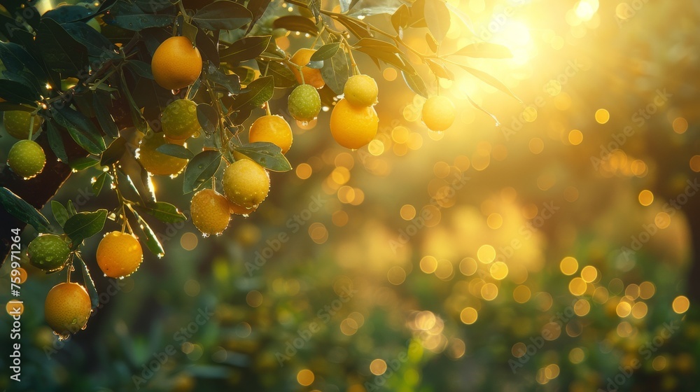 Poster a bunch of lemons hanging from a tree with the sun shining through the trees in the backround.