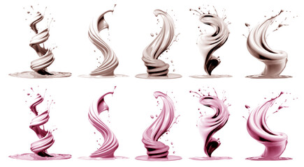 Obraz premium 2 Set of pastel light pink beige cream liquid paint ink splash swirl wave on transparent background cutout, PNG file. Many assorted different design. Mockup template for artwork graphic design