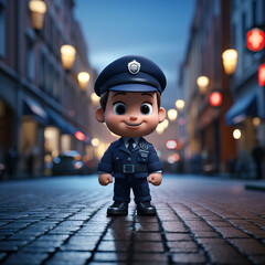 Cute 3D cartoon policeman on a city street.
