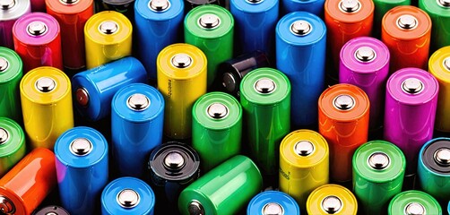 Colorful pile of used round shaped consumer batteries - obrazy, fototapety, plakaty