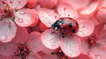 a ladybug sitting on top of a pink flower with lots of petals in the foreground and a lot of pink flowers in the background.