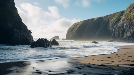 Secluded beach landscape with rugged cliffs and crashing waves