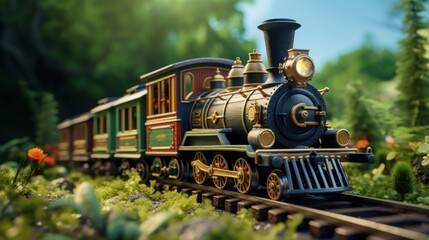 The nostalgic journey unfolds on a toy model railroad that captures the charm of vintage transport with a locomotive and carriages on miniature rails. - obrazy, fototapety, plakaty