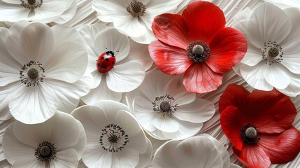 a group of white and red flowers with a ladybug in the middle of the middle of the petals.