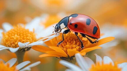 a ladybug sitting on top of a flower in the middle of a field of daisies and daisies.