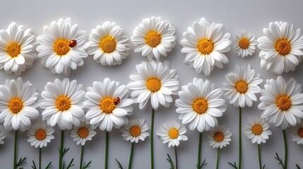 a group of white daisies with a lady bug on one of the daisies in the middle of the picture.