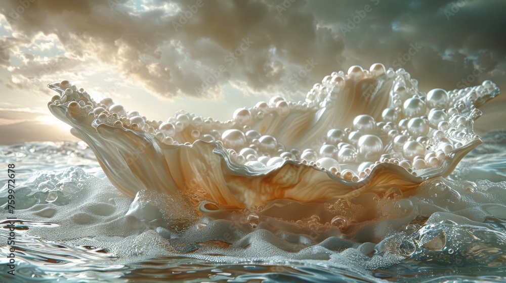 Poster a close up of a wave in the water with a sky in the background and clouds in the sky above.