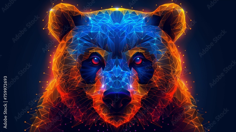 Poster a close up of a bear's face on a dark background with colorful lines and points of light in the shape of a bear's head.