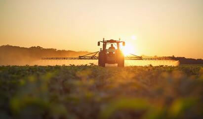 Fototapeta premium A tractor sprays crops in a vast field at sunset. Farmer's concept with copy space