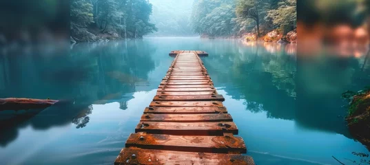 Poster Tranquil wooden dock extending into calm water, ideal for text placement in serene environment © Philipp