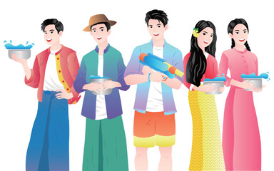 Water splashing festival characters vector illustration, crowd of teenagers celebrating festival