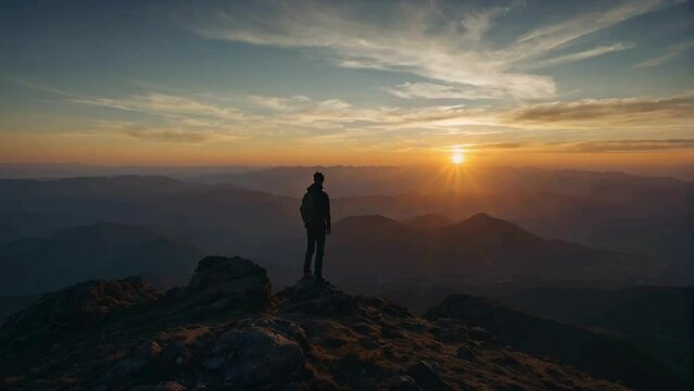 silhouette of a lone person standing on top of a mountain looking at the beautiful sunrise